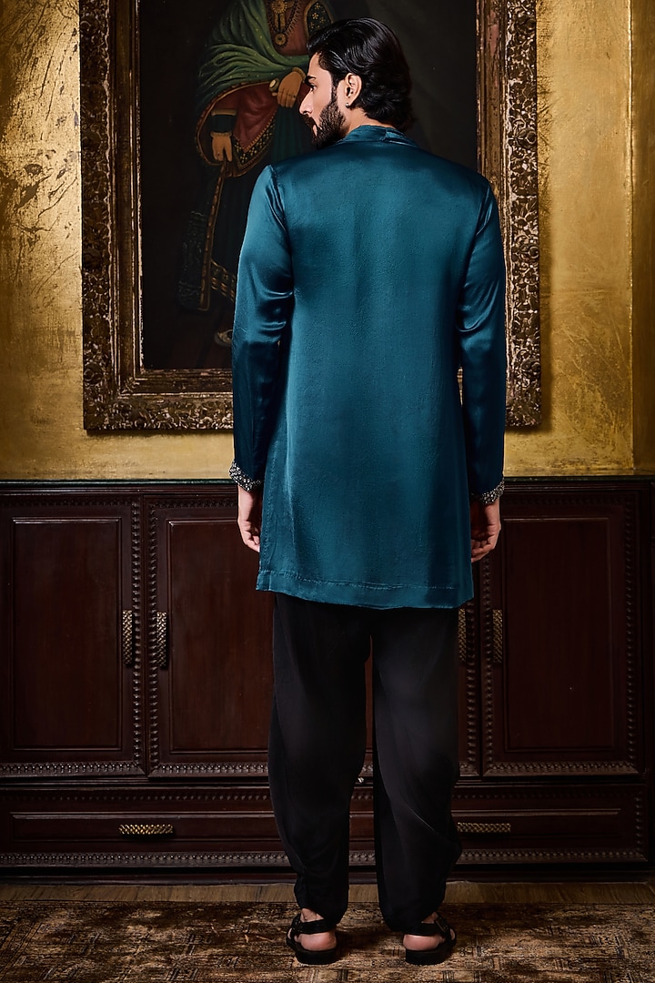 Deep Peacock Blue Bamberg Satin Crystal Embroidered Kurta Set by NITIKA GUJRAL MEN at Pernia's Pop Up Shop