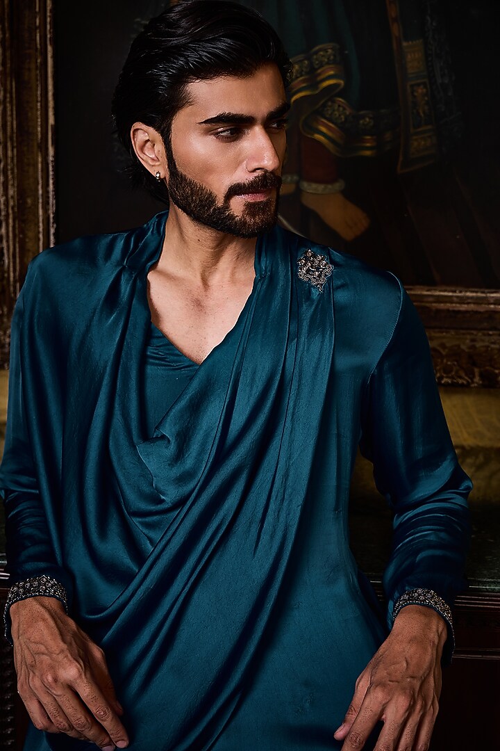 Deep Peacock Blue Bamberg Satin Crystal Embroidered Kurta Set by NITIKA GUJRAL MEN at Pernia's Pop Up Shop