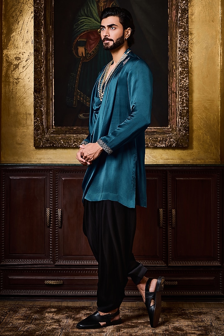 Deep Peacock Blue Bamberg Satin Crystal Embroidered Kurta Set by NITIKA GUJRAL MEN at Pernia's Pop Up Shop