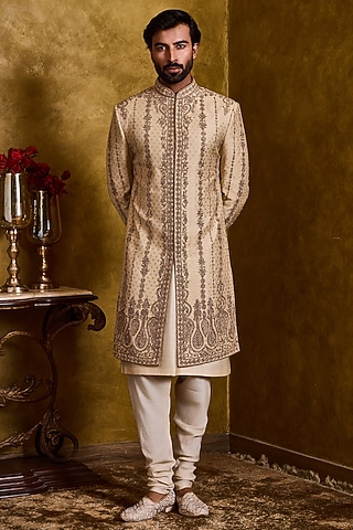 Beige Moonga Tussar Dabka Embroidered Woven Sherwani Set by NITIKA GUJRAL MEN