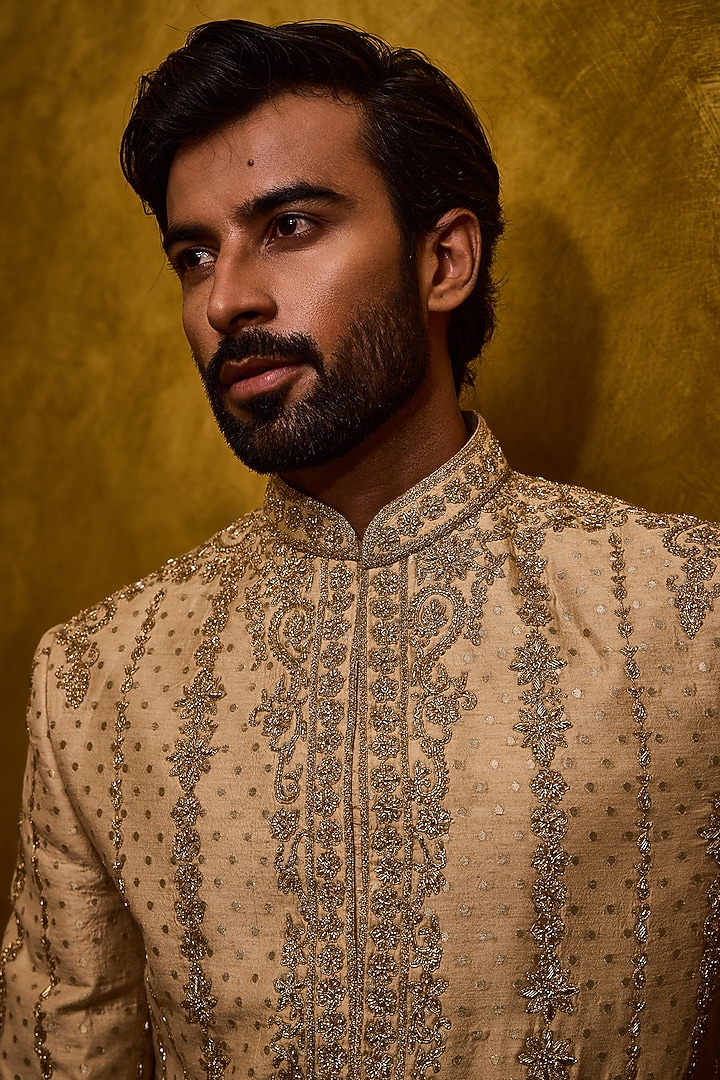 Beige Moonga Tussar Dabka Embroidered Woven Groom Sherwani Set by NITIKA GUJRAL MEN at Pernia's Pop Up Shop