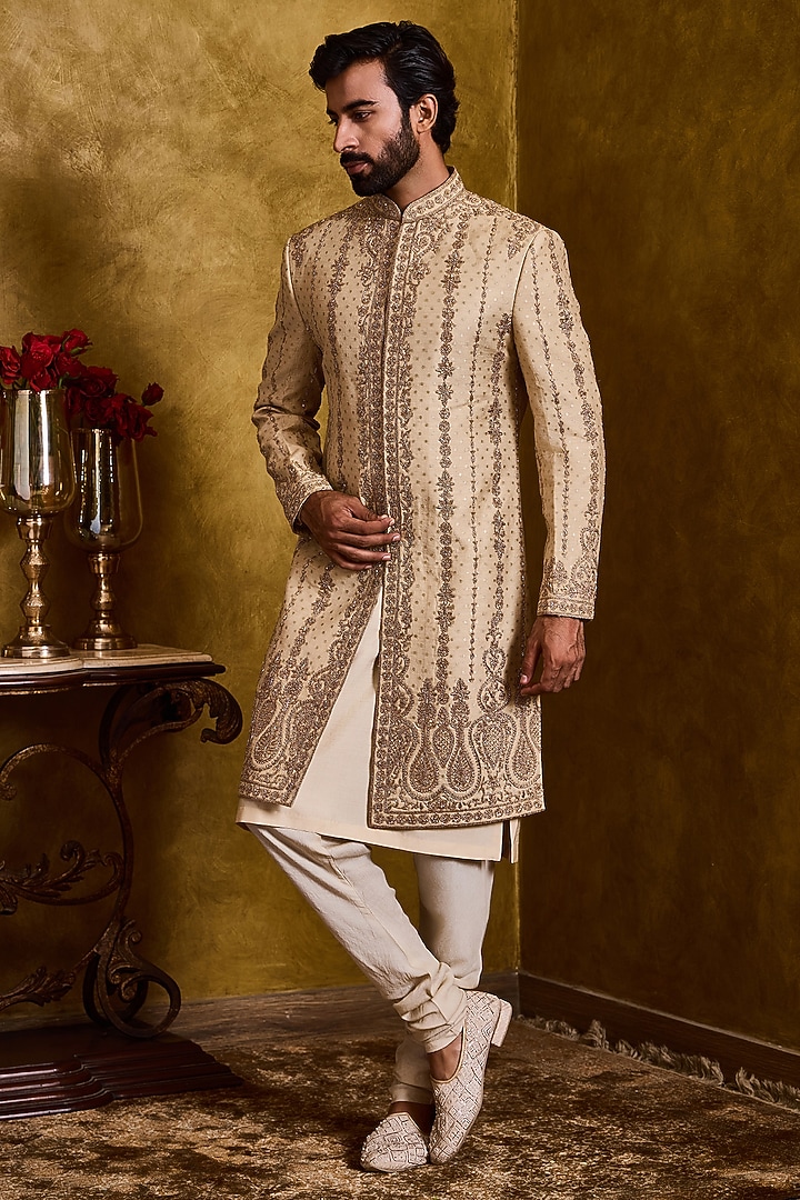 Beige Moonga Tussar Dabka Embroidered Woven Groom Sherwani Set by NITIKA GUJRAL MEN at Pernia's Pop Up Shop