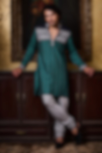 Teal & Navy Blue Cotton Silk Resham Embroidered Kurta Set by Histori at Pernia's Pop Up Shop