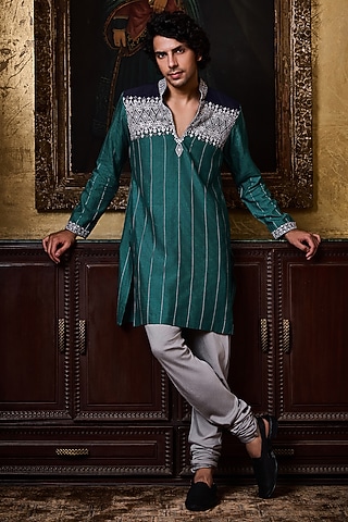 Teal & Navy Blue Cotton Silk Resham Embroidered Kurta Set by NITIKA GUJRAL MEN