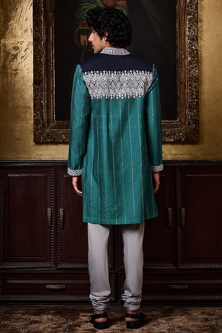 Teal & Navy Blue Cotton Silk Resham Embroidered Kurta Set by NITIKA GUJRAL MEN at Pernia's Pop Up Shop
