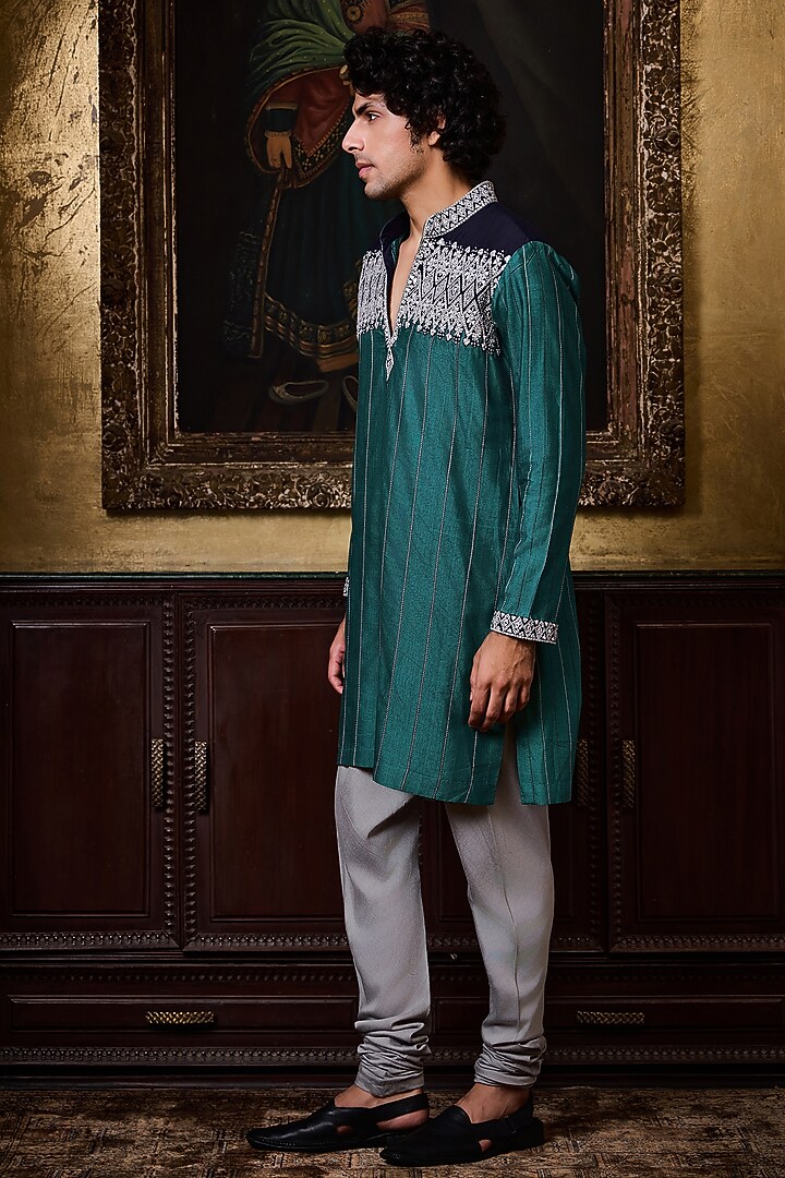 Teal & Navy Blue Cotton Silk Resham Embroidered Kurta Set by NITIKA GUJRAL MEN at Pernia's Pop Up Shop