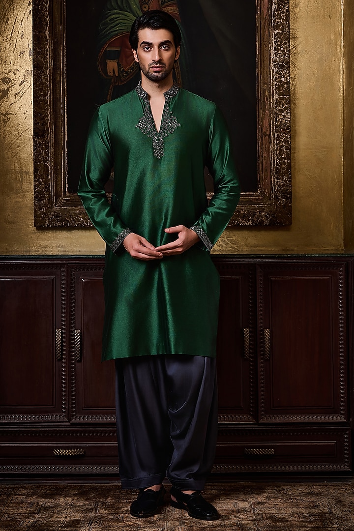 Emerald Green Chanderi Silk Crystal Embroidered Kurta Set by NITIKA GUJRAL MEN at Pernia's Pop Up Shop
