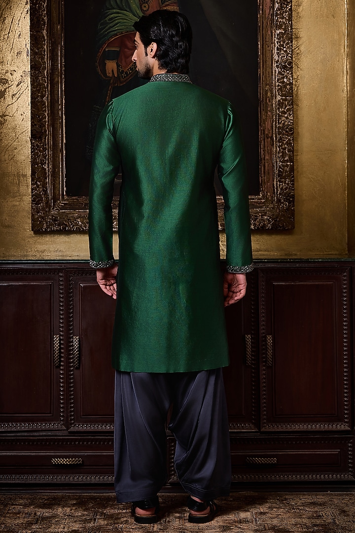 Emerald Green Chanderi Silk Crystal Embroidered Kurta Set by NITIKA GUJRAL MEN at Pernia's Pop Up Shop