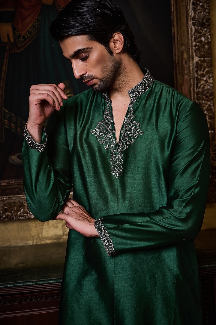 Emerald Green Chanderi Silk Crystal Embroidered Kurta Set by NITIKA GUJRAL MEN at Pernia's Pop Up Shop