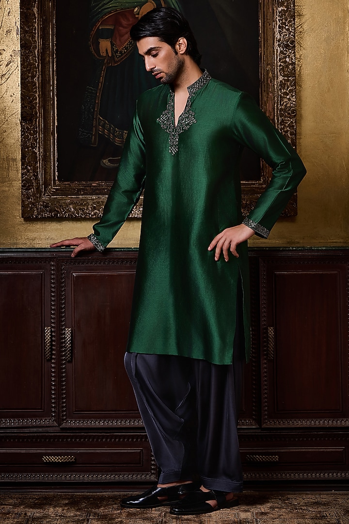 Emerald Green Chanderi Silk Crystal Embroidered Kurta Set by NITIKA GUJRAL MEN at Pernia's Pop Up Shop