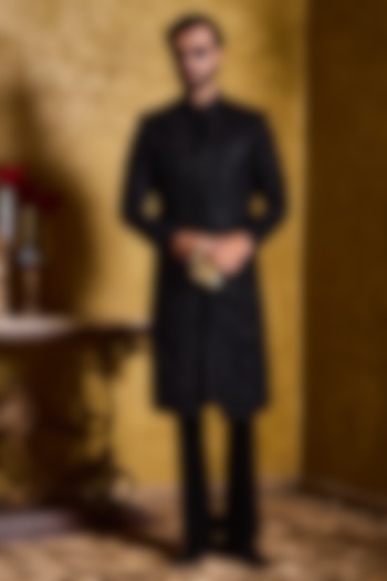Black Raw Silk Resham Embroidered Sherwani Set by Histori