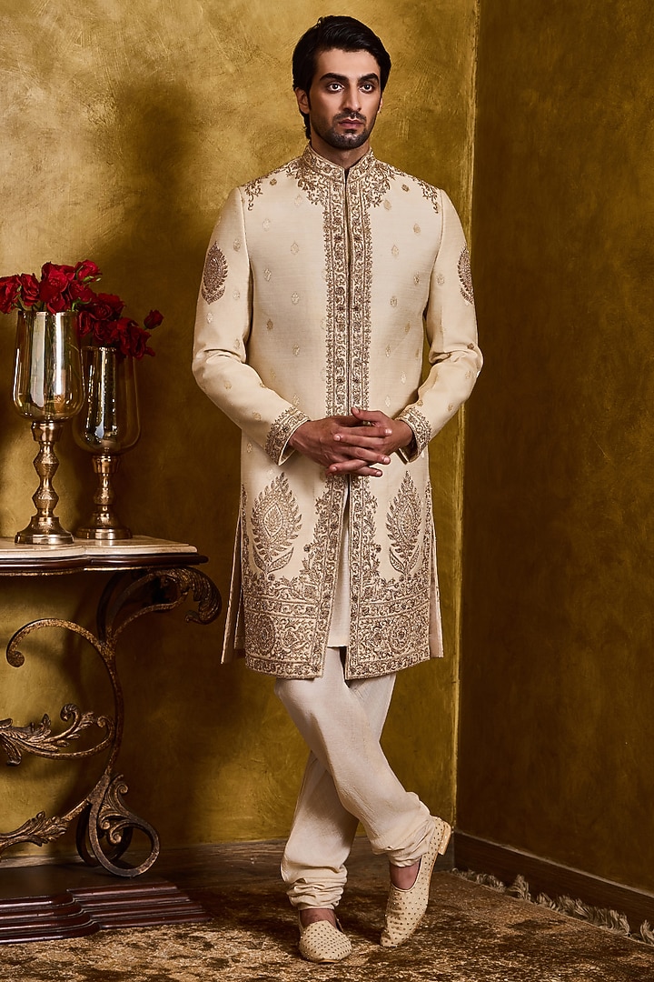 Beige Moonga Tussar Dabka Embroidered Woven Sherwani Set by Histori