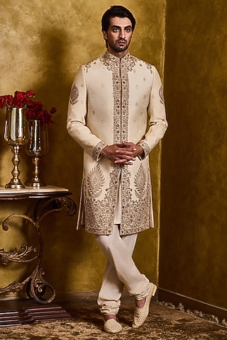 Beige Moonga Tussar Dabka Embroidered Woven Sherwani Set by NITIKA GUJRAL MEN