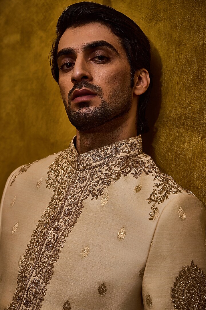 Beige Moonga Tussar Dabka Embroidered Woven Groom Sherwani Set by NITIKA GUJRAL MEN at Pernia's Pop Up Shop