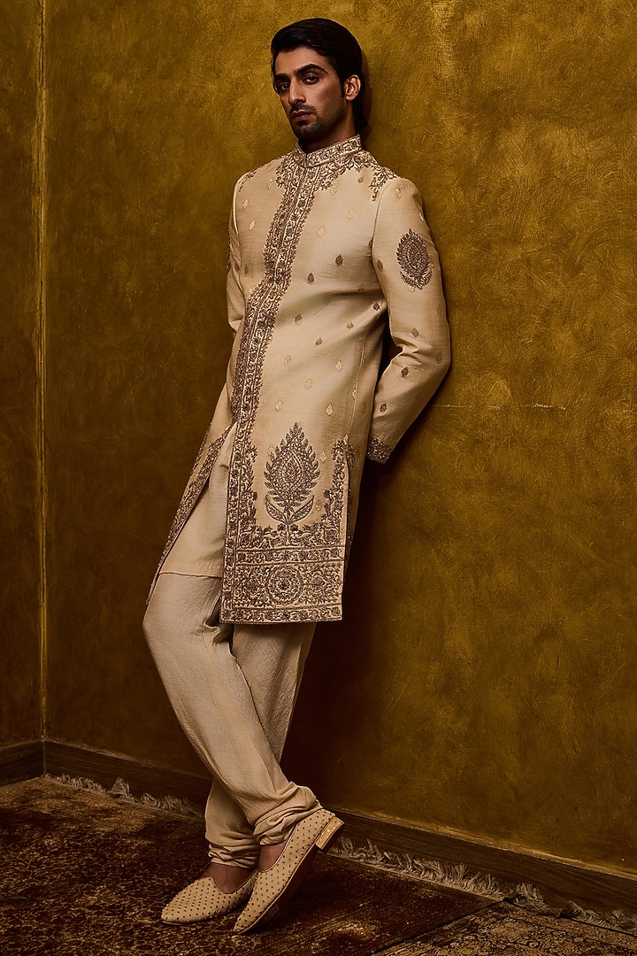 Beige Moonga Tussar Dabka Embroidered Woven Groom Sherwani Set by NITIKA GUJRAL MEN at Pernia's Pop Up Shop