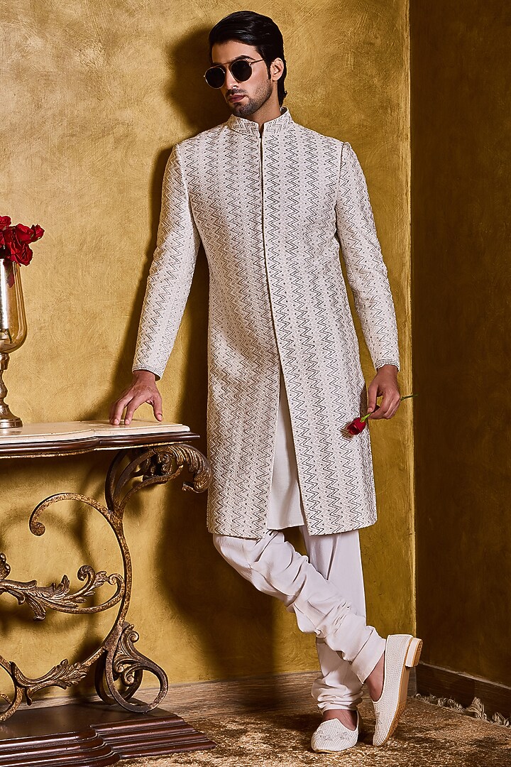 Ivory Raw Silk Resham Embroidered Sherwani Set by Histori