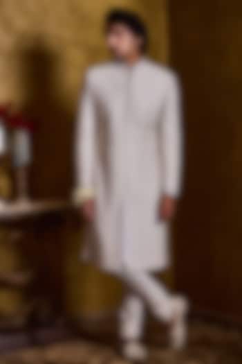Ivory Raw Silk Resham Embroidered Sherwani Set by Histori