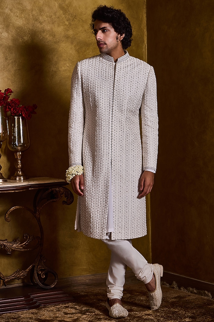 Ivory Raw Silk Resham Embroidered Sherwani Set by Histori