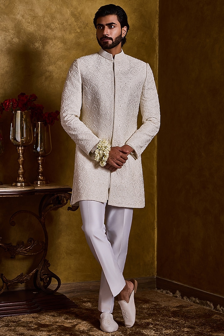Ivory Raw Silk Resham Embroidered Groom Sherwani Set by Histori at Pernia's Pop Up Shop