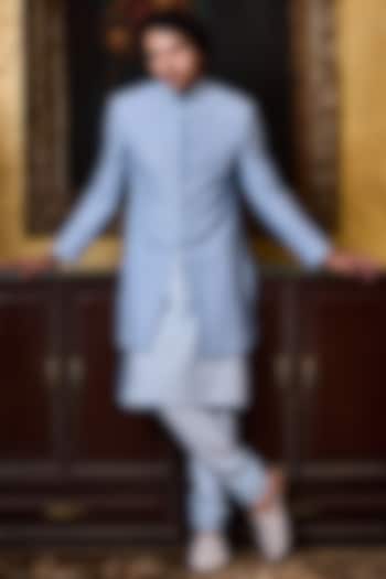 Sky Blue Raw Silk Resham Embroidered Groom Sherwani Set by Histori at Pernia's Pop Up Shop