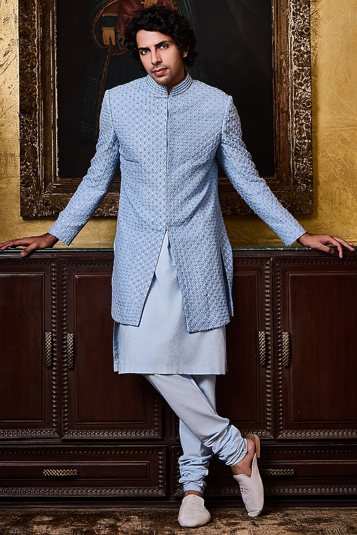 Sky Blue Raw Silk Resham Embroidered Groom Sherwani Set by Histori at Pernia's Pop Up Shop