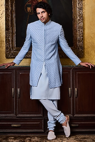 Sky Blue Raw Silk Resham Embroidered Sherwani Set by NITIKA GUJRAL MEN
