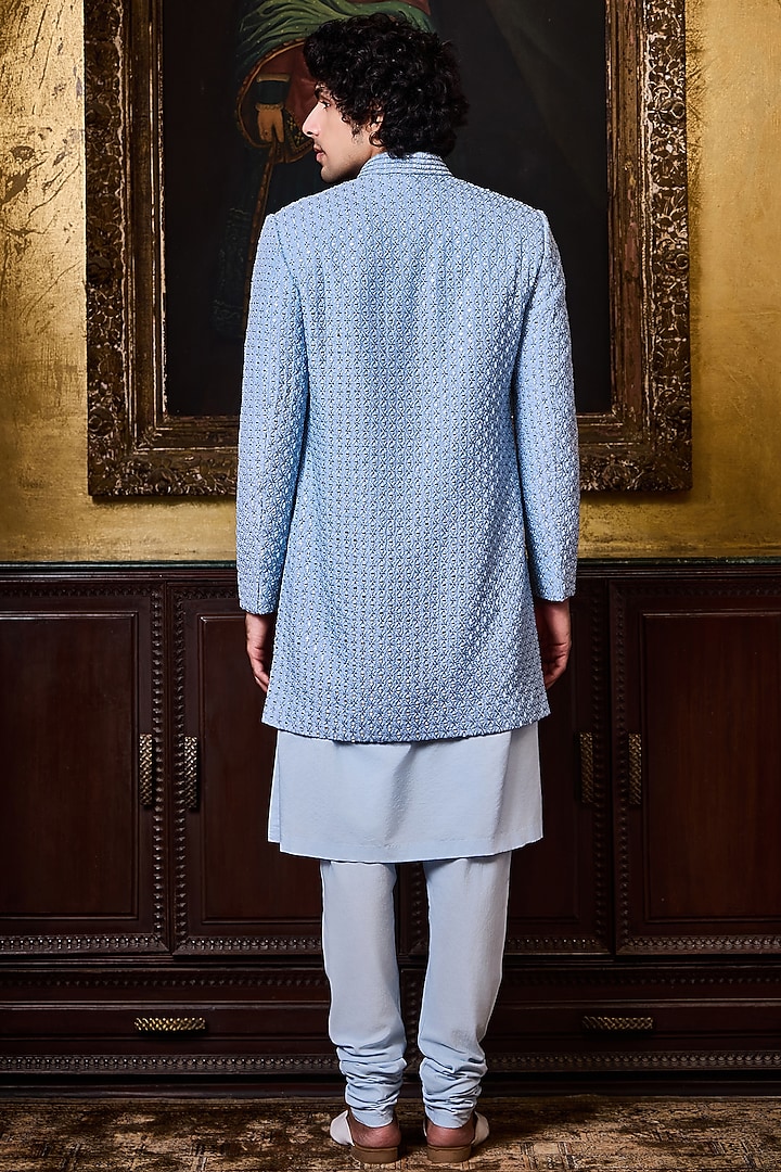 Sky Blue Raw Silk Resham Embroidered Groom Sherwani Set by NITIKA GUJRAL MEN at Pernia's Pop Up Shop