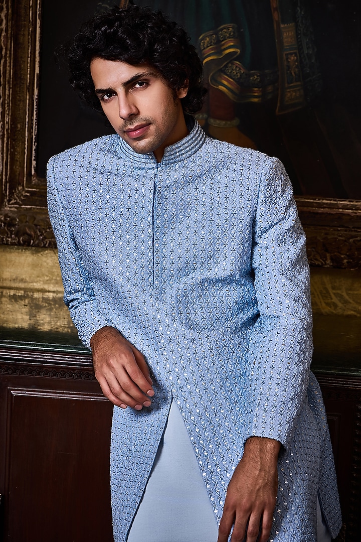 Sky Blue Raw Silk Resham Embroidered Groom Sherwani Set by NITIKA GUJRAL MEN at Pernia's Pop Up Shop