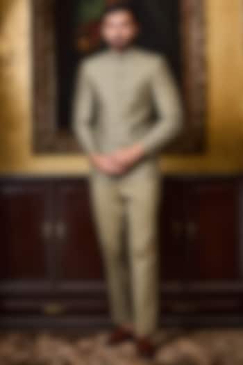 Olive Green Raw Silk Resham Work Jodhpuri Set by Histori at Pernia's Pop Up Shop