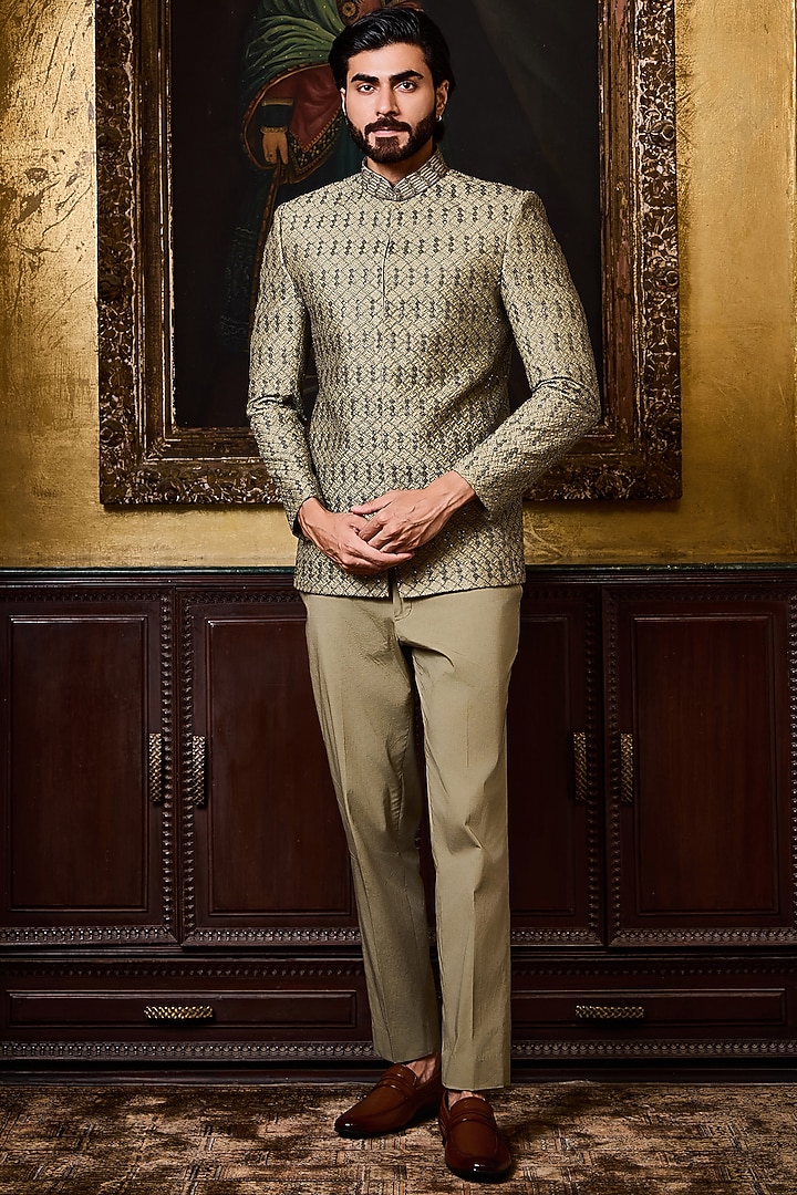Olive Green Raw Silk Resham Work Jodhpuri Set by Histori at Pernia's Pop Up Shop