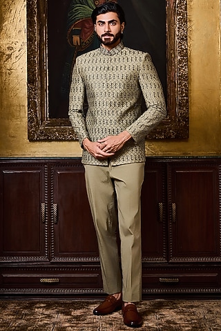 Olive Green Raw Silk Resham Work Jodhpuri Set by NITIKA GUJRAL MEN