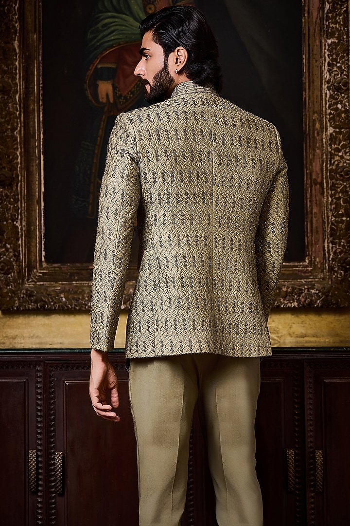 Olive Green Raw Silk Resham Work Jodhpuri Set by NITIKA GUJRAL MEN at Pernia's Pop Up Shop