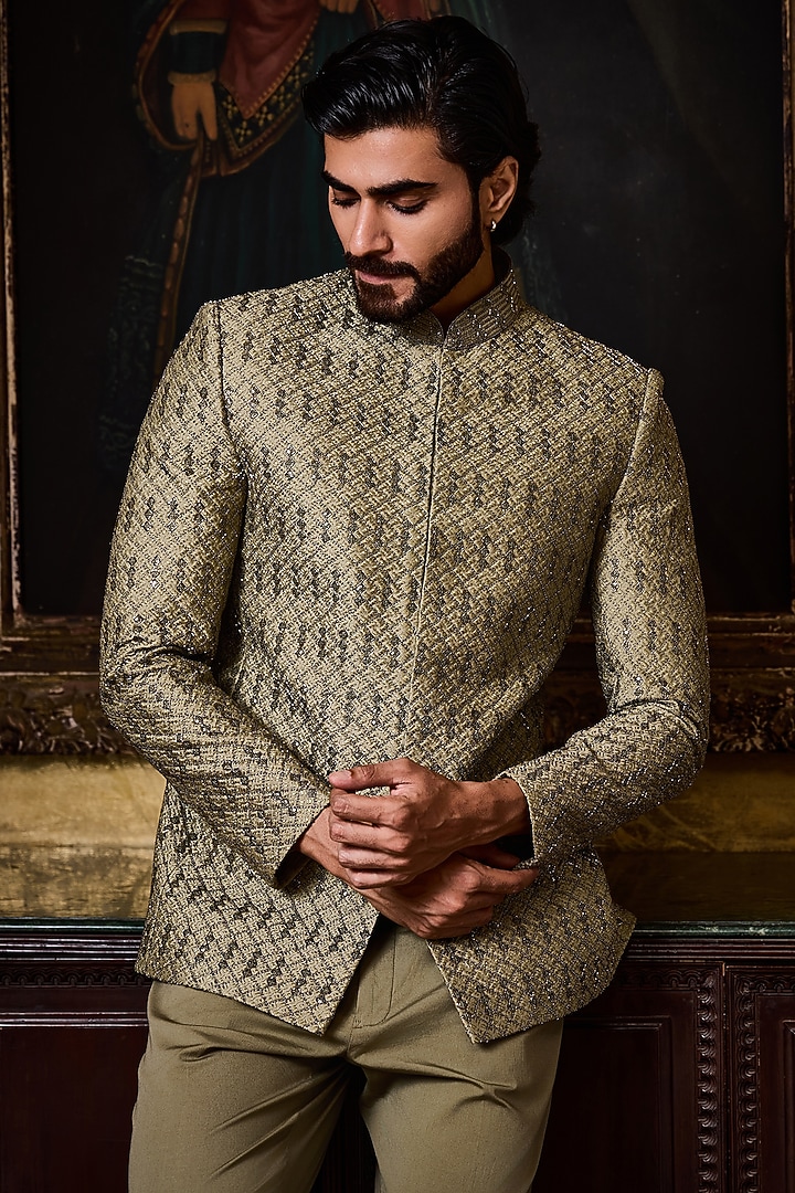 Olive Green Raw Silk Resham Work Jodhpuri Set by NITIKA GUJRAL MEN at Pernia's Pop Up Shop