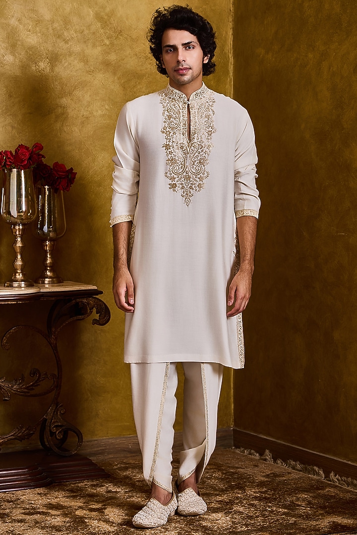 Ivory Cotton Silk Thread Kasab Embroidered Kurta Set by NITIKA GUJRAL MEN at Pernia's Pop Up Shop