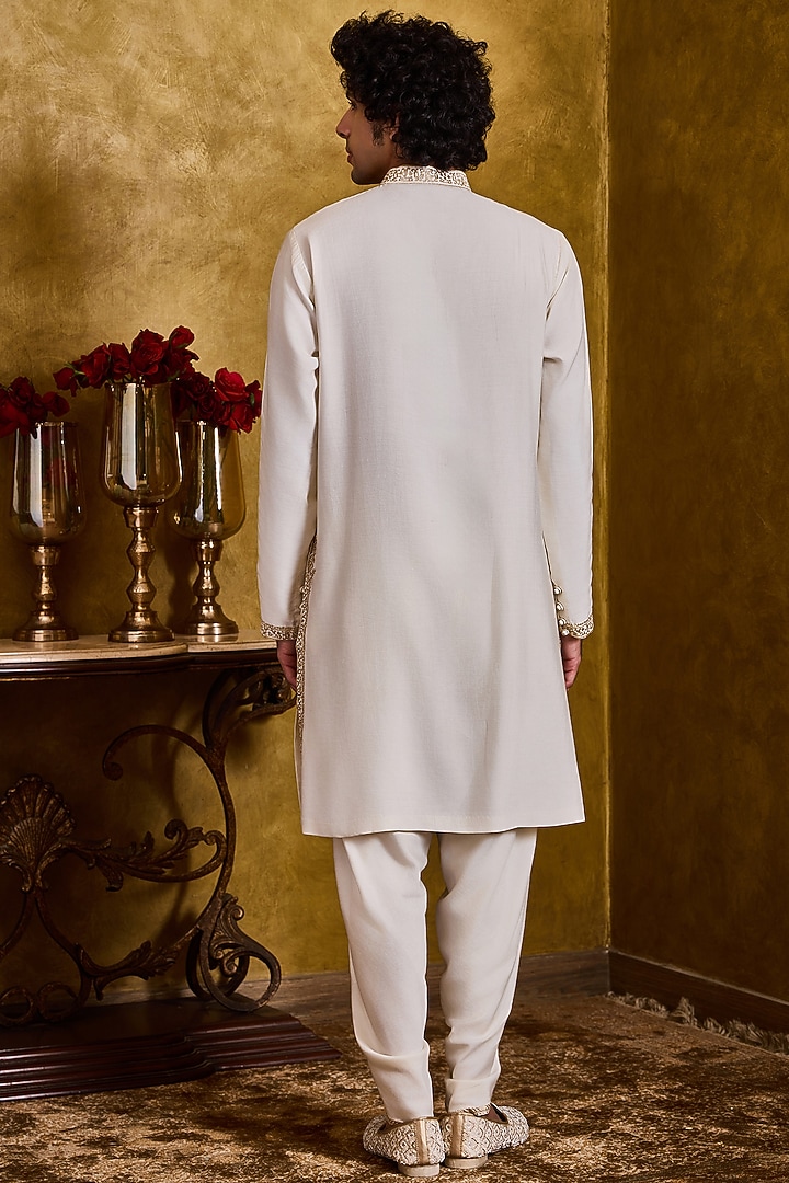 Ivory Cotton Silk Thread Kasab Embroidered Kurta Set by NITIKA GUJRAL MEN at Pernia's Pop Up Shop