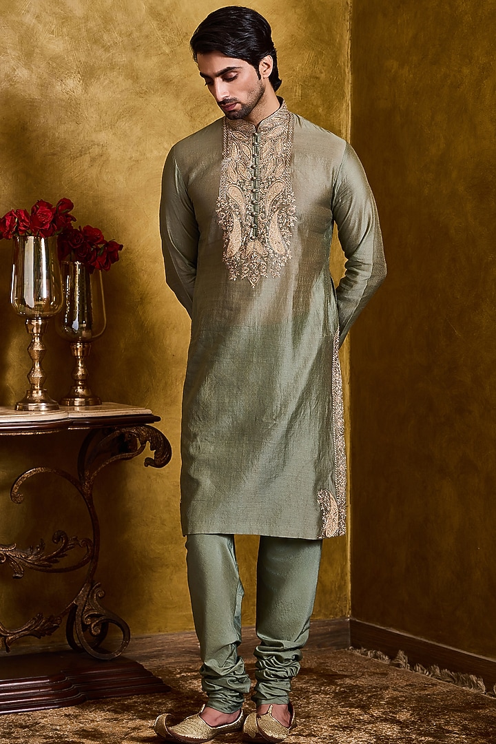 Dark Olive Tissue Chanderi Silk Embroidered Kurta Set by Histori at Pernia's Pop Up Shop