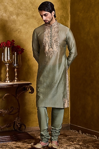 Dark Olive Tissue Chanderi Silk Embroidered Kurta Set by NITIKA GUJRAL MEN