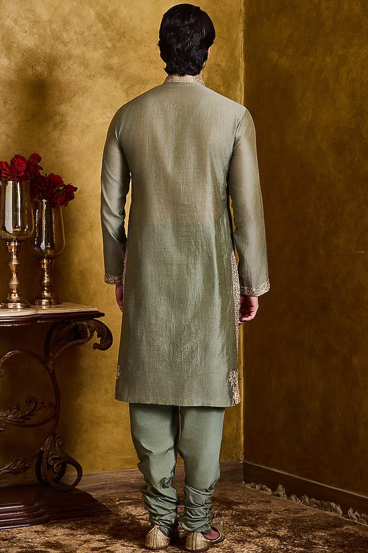 Dark Olive Tissue Chanderi Silk Embroidered Kurta Set by NITIKA GUJRAL MEN at Pernia's Pop Up Shop