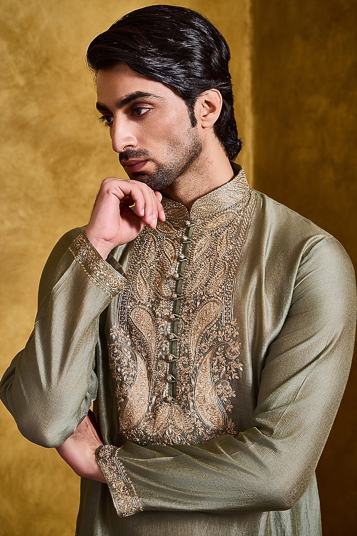 Dark Olive Tissue Chanderi Silk Embroidered Kurta Set by NITIKA GUJRAL MEN at Pernia's Pop Up Shop