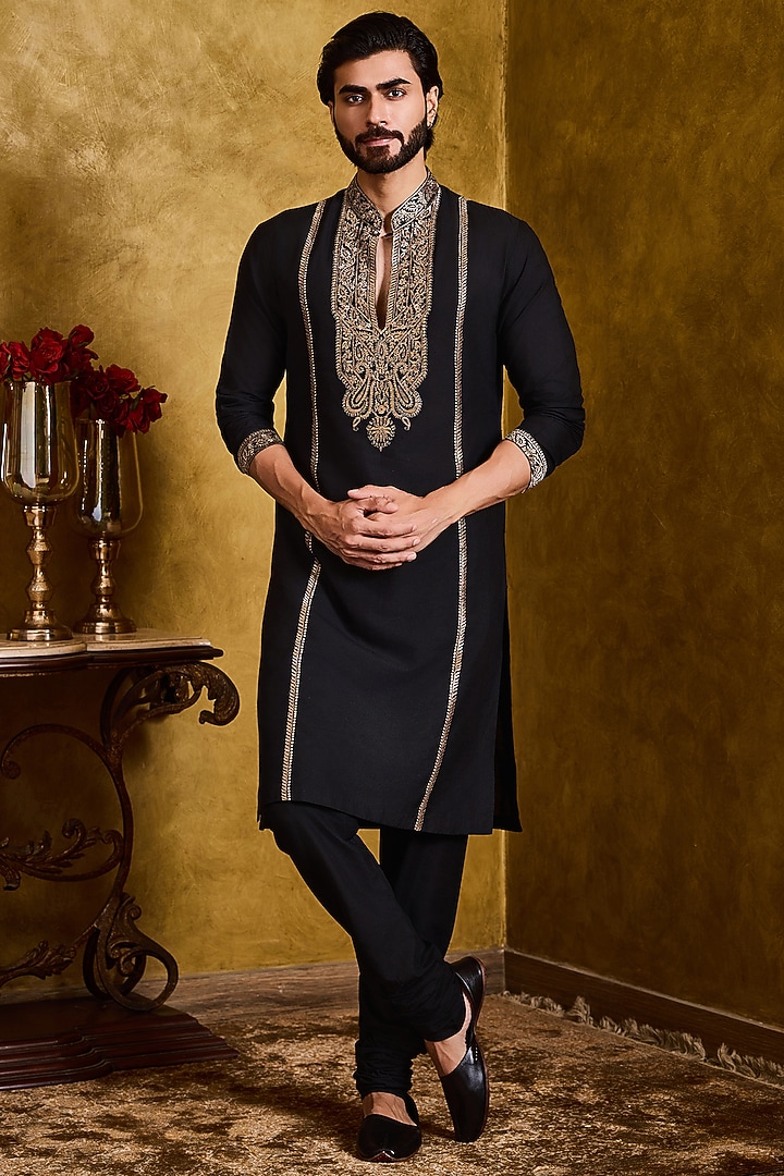Black Cotton Silk Thread Kasab Embroidered Kurta Set by NITIKA GUJRAL MEN at Pernia's Pop Up Shop