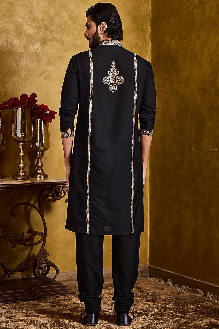 Black Cotton Silk Thread Kasab Embroidered Kurta Set by NITIKA GUJRAL MEN at Pernia's Pop Up Shop