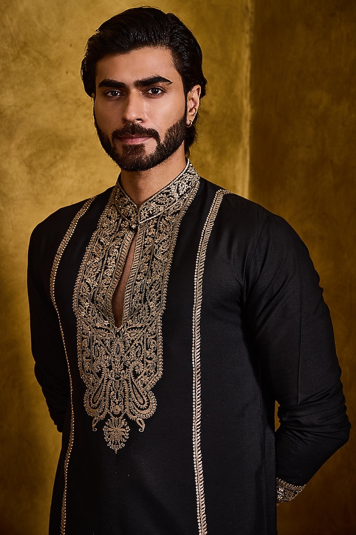 Black Cotton Silk Thread Kasab Embroidered Kurta Set by NITIKA GUJRAL MEN at Pernia's Pop Up Shop