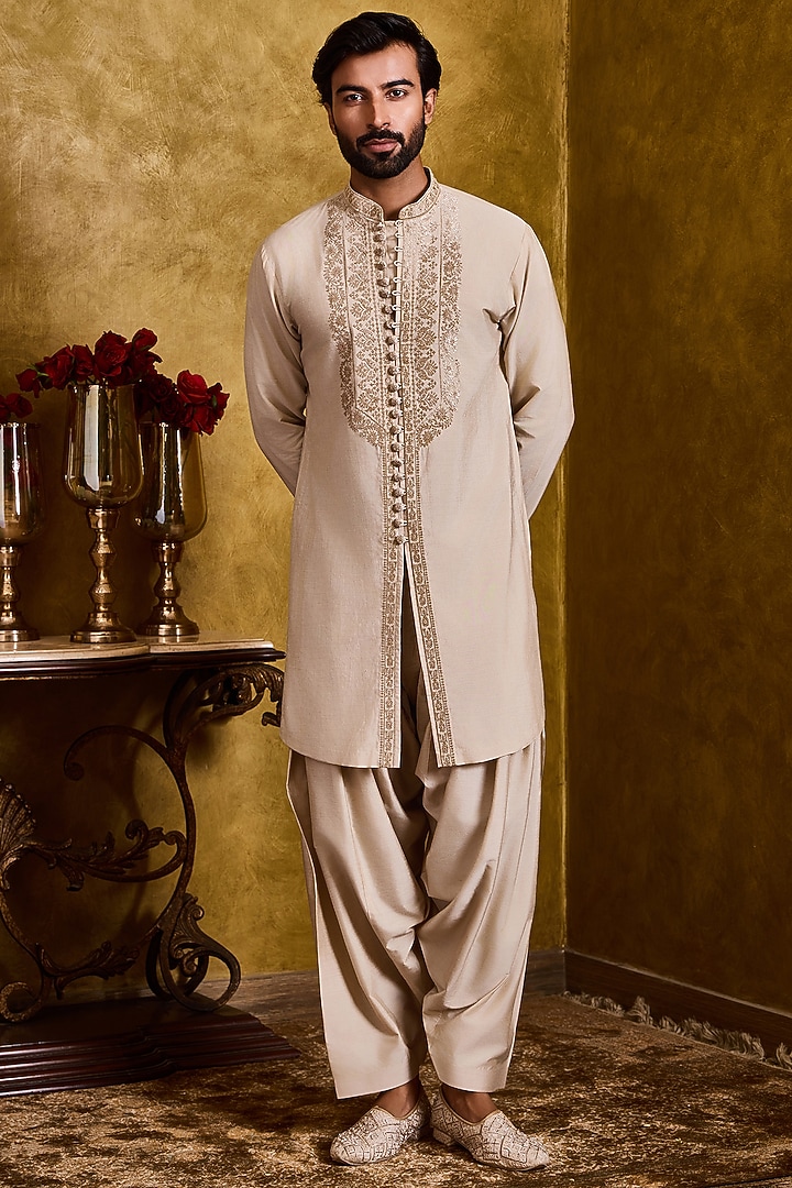 Beige Cotton Silk Thread Kasab Embroidered Kurta Set by NITIKA GUJRAL MEN at Pernia's Pop Up Shop