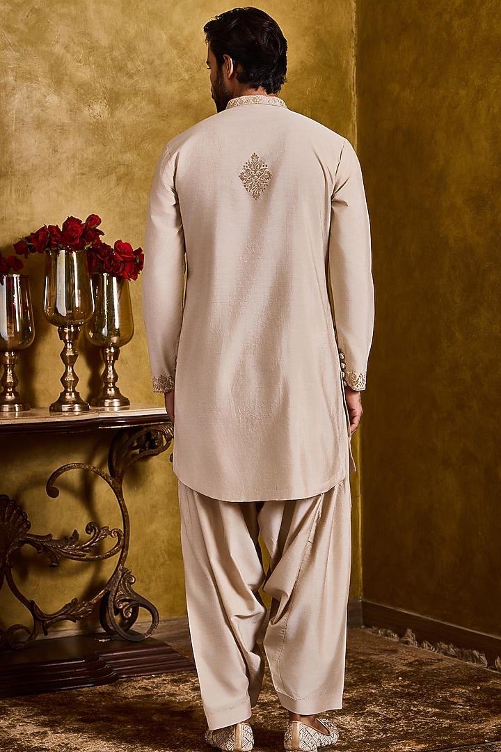 Beige Cotton Silk Thread Kasab Embroidered Kurta Set by NITIKA GUJRAL MEN at Pernia's Pop Up Shop