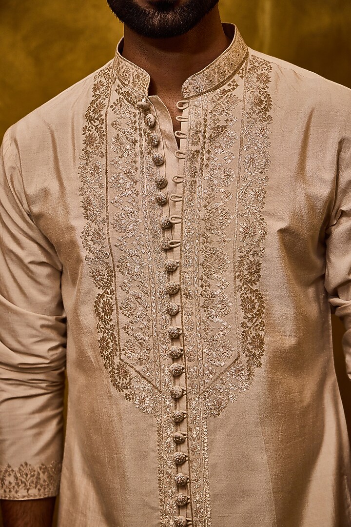 Beige Cotton Silk Thread Kasab Embroidered Kurta Set by NITIKA GUJRAL MEN at Pernia's Pop Up Shop