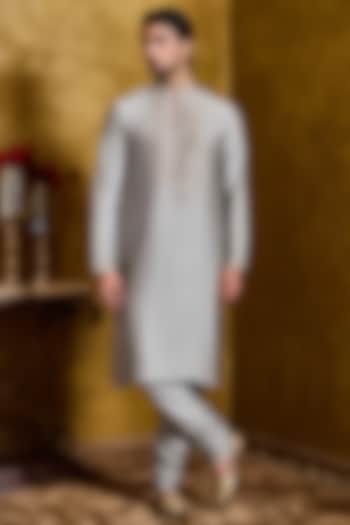 Grey-Green Cotton Silk Thread Kasab Embroidered Kurta Set by Histori at Pernia's Pop Up Shop