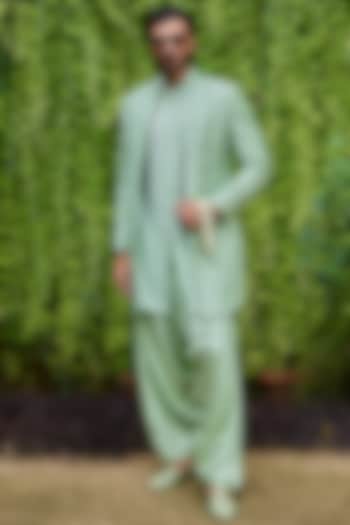 Jade Green Raw Silk Resham Embroidered Groom Indowestern Set by Histori at Pernia's Pop Up Shop