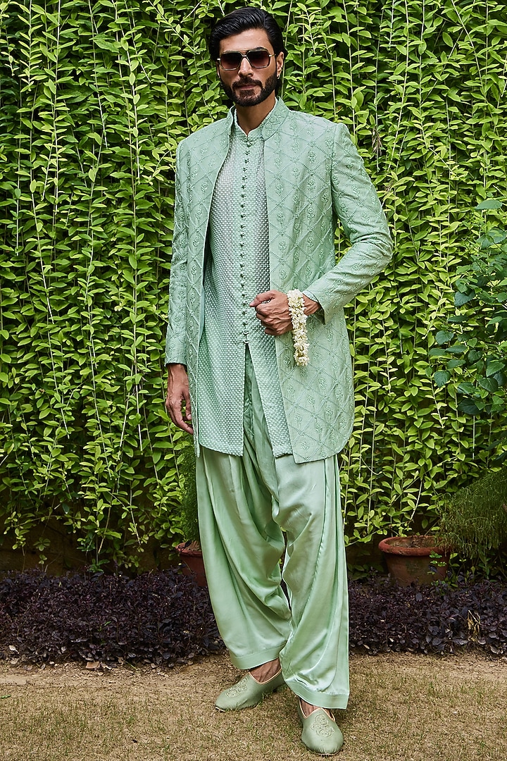 Jade Green Raw Silk Resham Embroidered Groom Indowestern Set by Histori at Pernia's Pop Up Shop