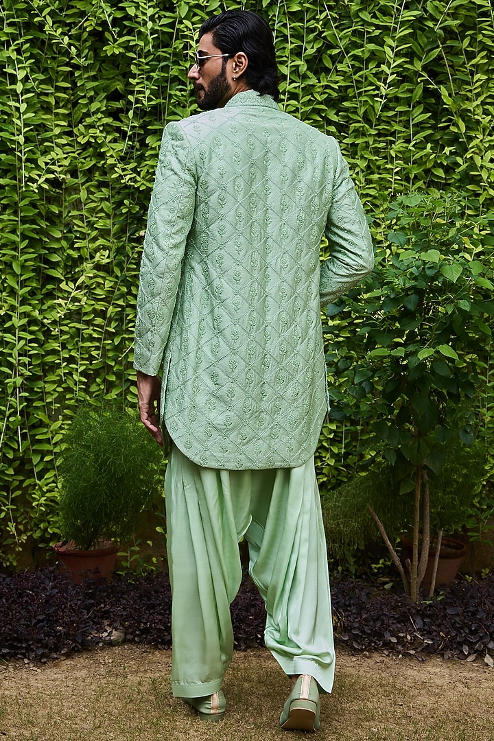 Jade Green Raw Silk Resham Embroidered Groom Indowestern Set by NITIKA GUJRAL MEN at Pernia's Pop Up Shop