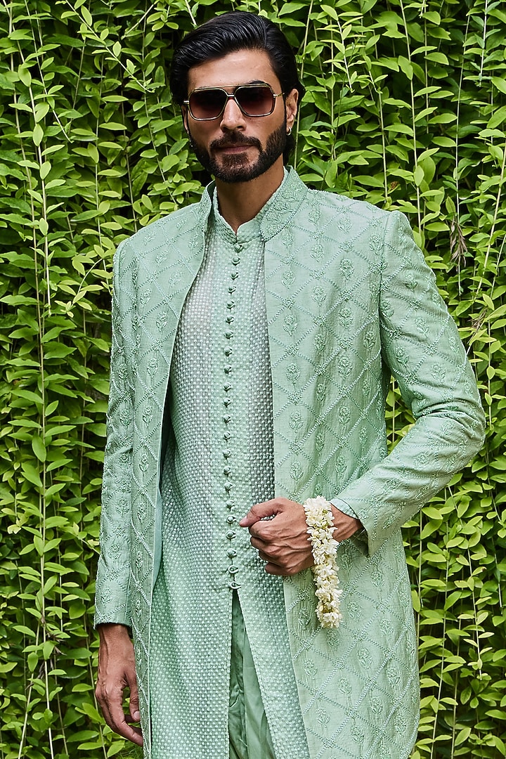 Jade Green Raw Silk Resham Embroidered Groom Indowestern Set by NITIKA GUJRAL MEN at Pernia's Pop Up Shop